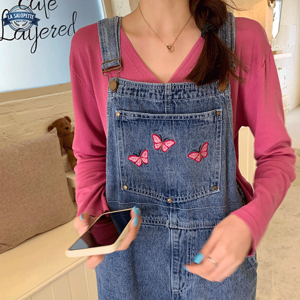 Ogrodniczki Jeansowe<br> Haft Motyl