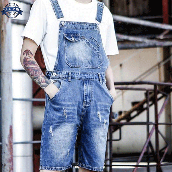Ogrodniczki krótkie<br> Denim niebieski sprany męskie